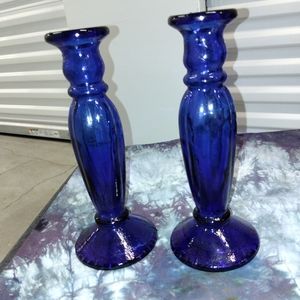 Vintage set Blue Cobalt glass candle holders